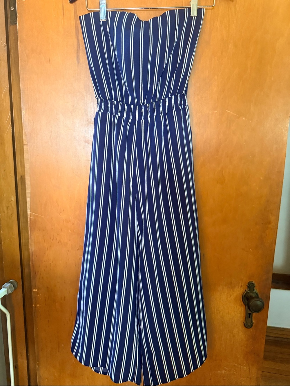 Lulus Navy and White Strapless Vertical Stripe Jumpsuit. Ties in back